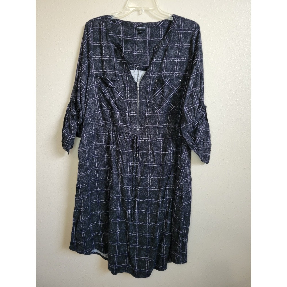 Torrid Midi Shirt Dress Size 2 Pockets Zip Roll Sleeve Geometric Stretch Black
